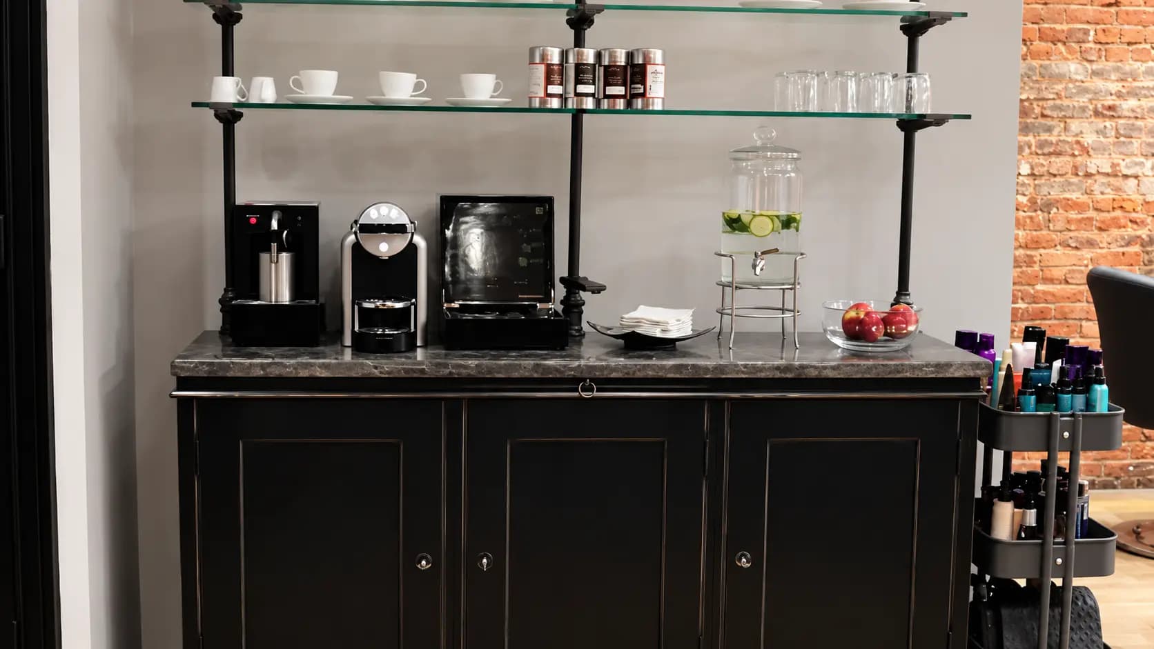 The salon’s refreshment area